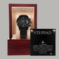 ⌚Stepdad- Black Chronograph Watch with Mahogany Luxury LED Box