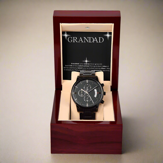⌚Granddad- Black Chronograph Watch with Mahogoany  Luxury LED Box