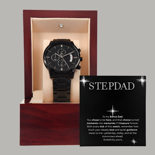 ⌚Stepdad- Black Chronograph Watch with Mahogany Luxury LED Box