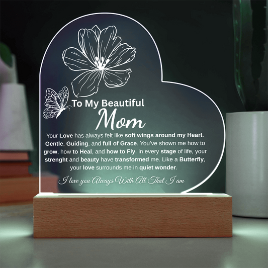 💕 Heartfelt Mom Printed Heart Acrylic Plaque Wooden LED Base